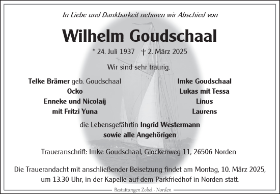 Traueranzeige von Wilhelm Goudschaal von Ostfriesischer Kurier GmbH