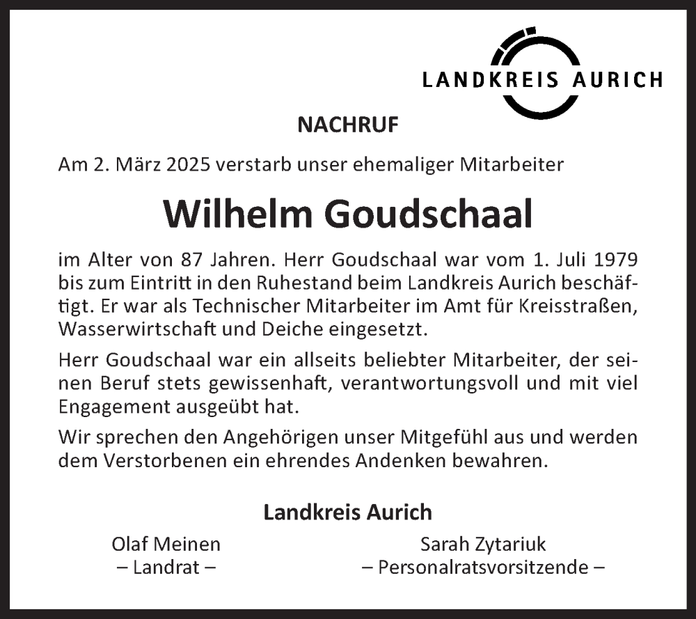  Traueranzeige für Wilhelm Goudschaal vom 11.03.2025 aus Ostfriesischer Kurier GmbH