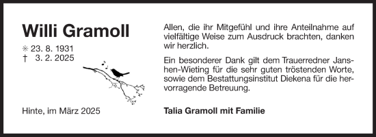 Traueranzeige von Willi Gramoll von Ostfriesischer Kurier GmbH