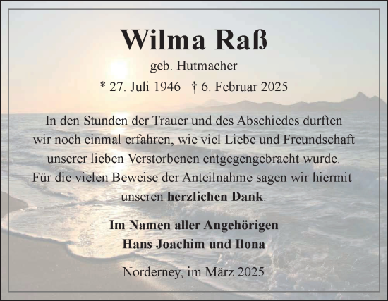 Traueranzeige von Wilma Raß von Ostfriesischer Kurier GmbH