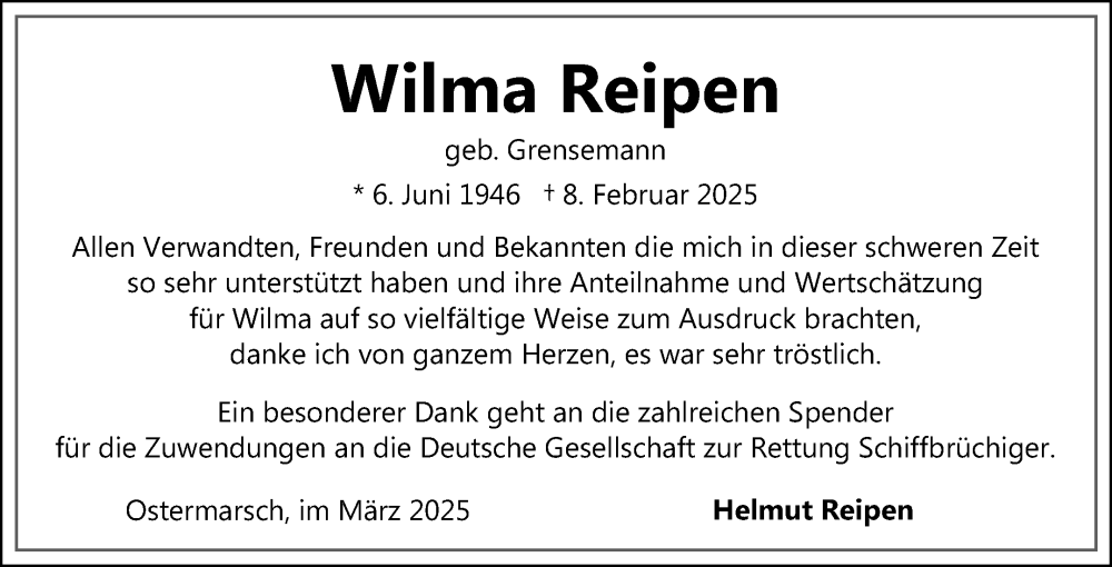  Traueranzeige für Wilma Reipen vom 22.03.2025 aus Ostfriesischer Kurier GmbH