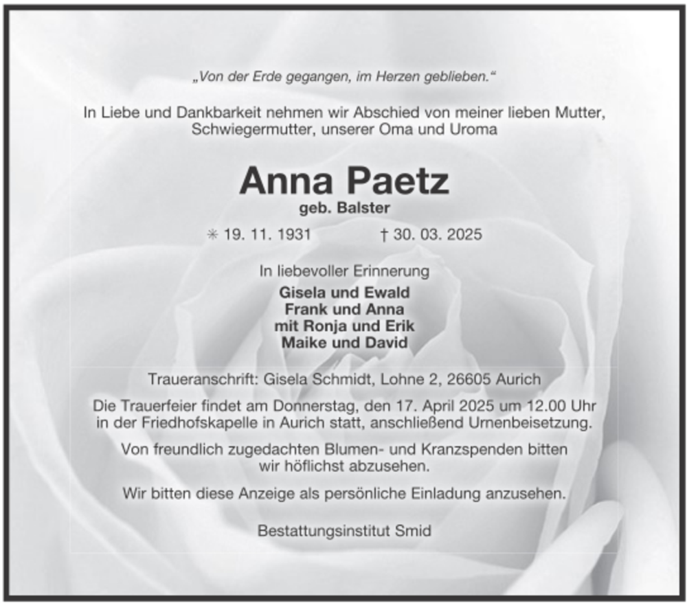  Traueranzeige für Anna Paetz vom 12.04.2025 aus Ostfriesischer Kurier GmbH