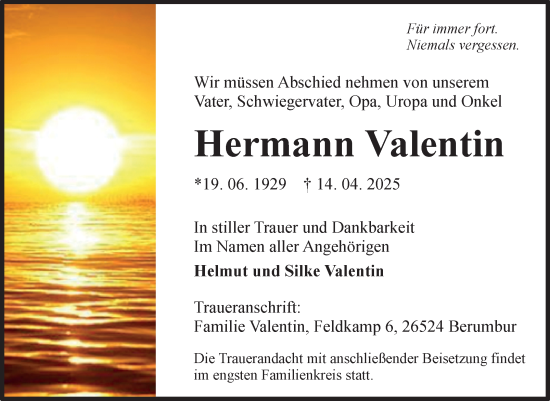 Traueranzeige von Hermann Valentin von Ostfriesischer Kurier GmbH
