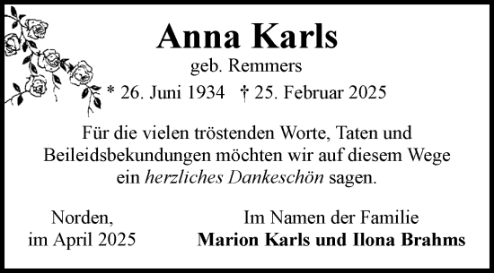 Traueranzeige von Anna Karls von Ostfriesischer Kurier GmbH