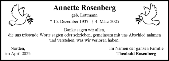 Traueranzeige von Annette Rosenberg von Ostfriesischer Kurier GmbH