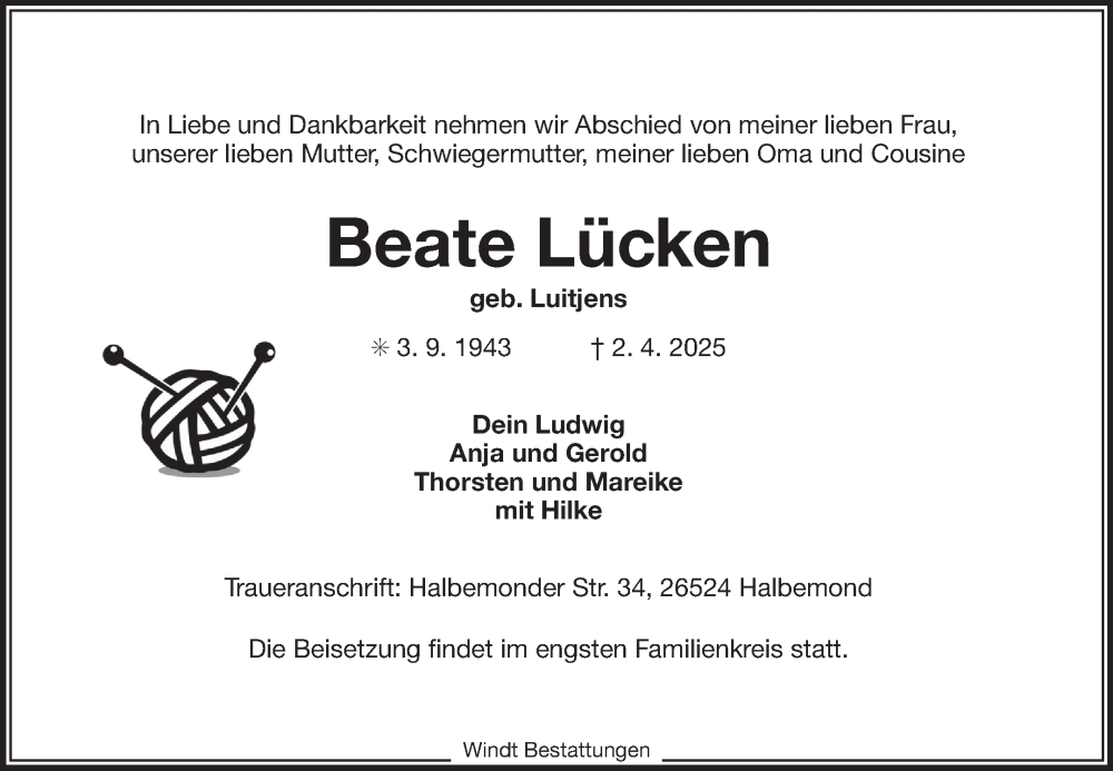  Traueranzeige für Beate Lücken vom 05.04.2025 aus Ostfriesischer Kurier GmbH