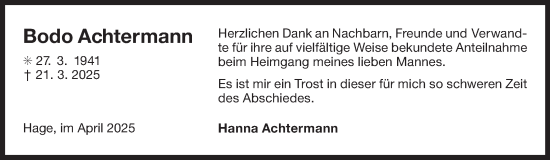 Traueranzeige von Bodo Achtermann von Ostfriesischer Kurier GmbH