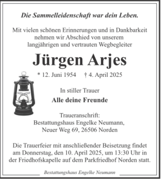 Traueranzeige von Jürgen Arjes von Ostfriesischer Kurier GmbH