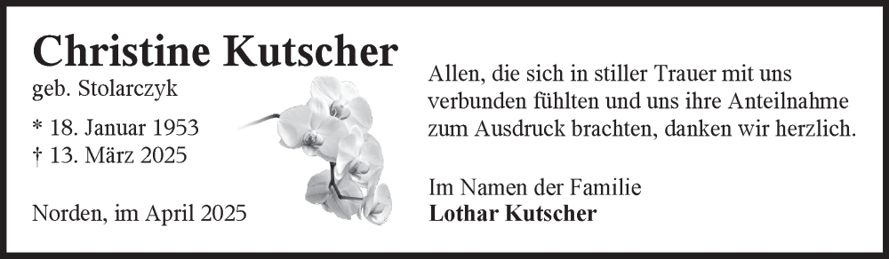  Traueranzeige für Christine Kutscher vom 26.04.2025 aus Ostfriesischer Kurier GmbH