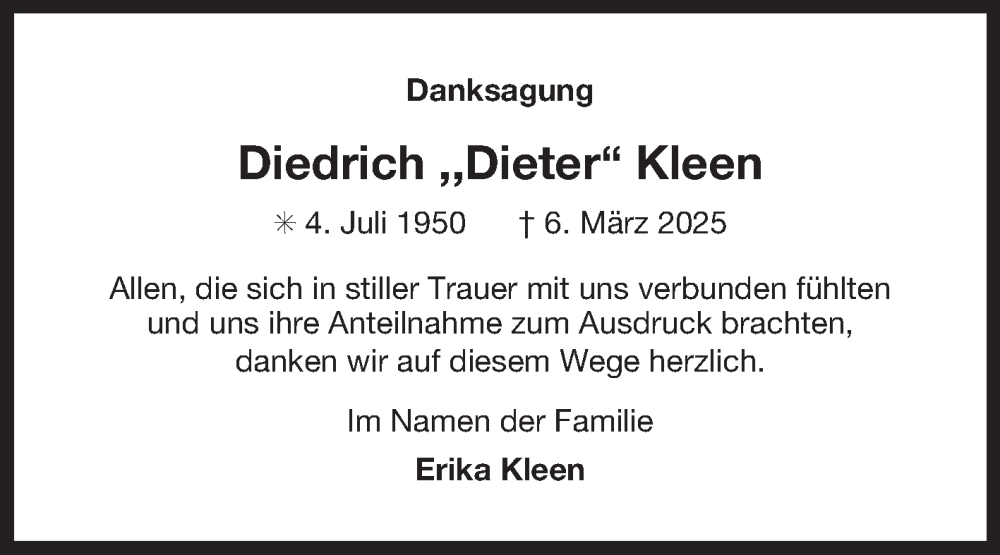  Traueranzeige für Diedrich Kleen vom 16.04.2025 aus Ostfriesischer Kurier GmbH