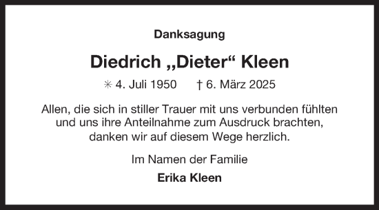 Traueranzeige von Diedrich Kleen von Ostfriesischer Kurier GmbH