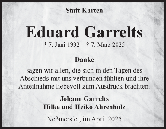 Traueranzeige von Eduard Garrelts von Ostfriesischer Kurier GmbH