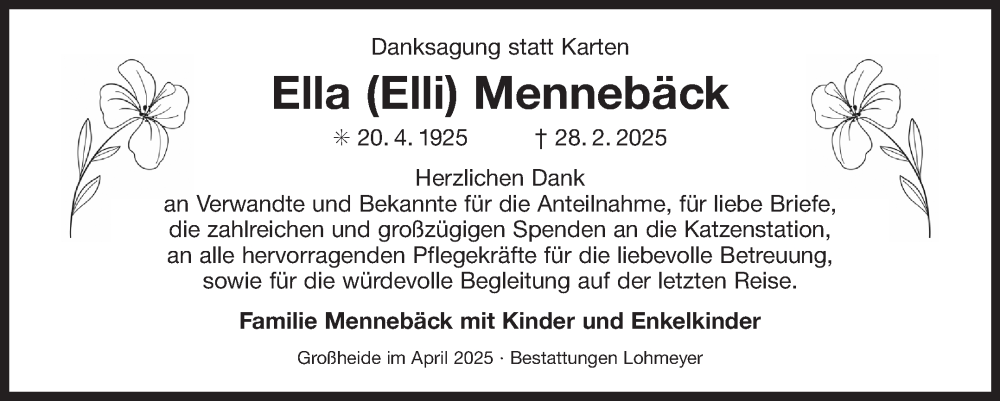  Traueranzeige für Ella  Mennebäck vom 26.04.2025 aus Ostfriesischer Kurier GmbH