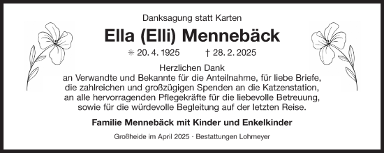 Traueranzeige von Ella  Mennebäck von Ostfriesischer Kurier GmbH