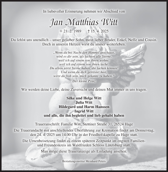 Traueranzeige von Jan Matthias Witt von Ostfriesischer Kurier GmbH