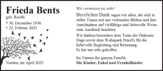 Traueranzeige von Frieda Bents von Ostfriesischer Kurier GmbH