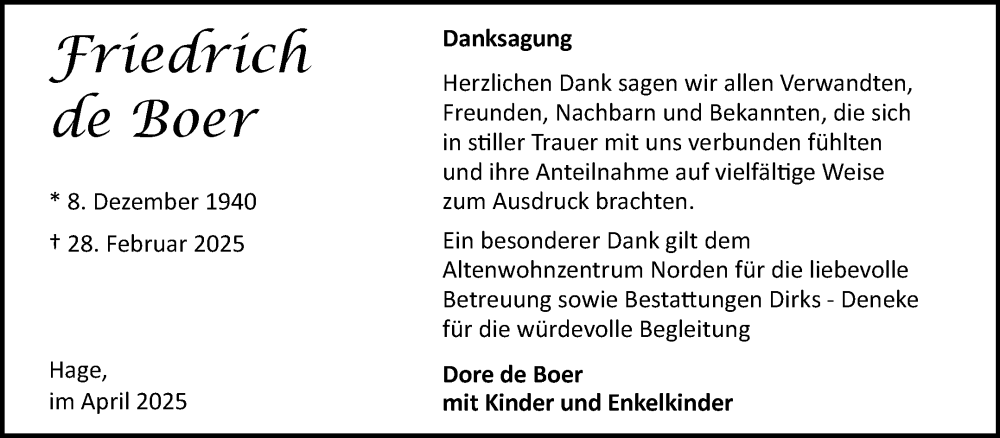  Traueranzeige für Friedrich de Boer vom 05.04.2025 aus Ostfriesischer Kurier GmbH
