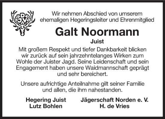 Traueranzeige von Galt Noormann von Ostfriesischer Kurier GmbH