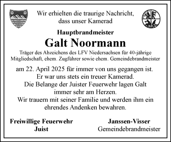 Traueranzeige von Galt Noormann von Ostfriesischer Kurier GmbH