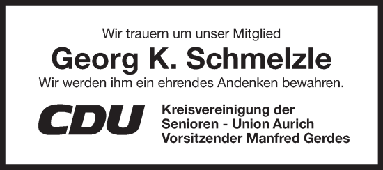 Traueranzeige von Georg K. Schmelzle von Ostfriesischer Kurier GmbH