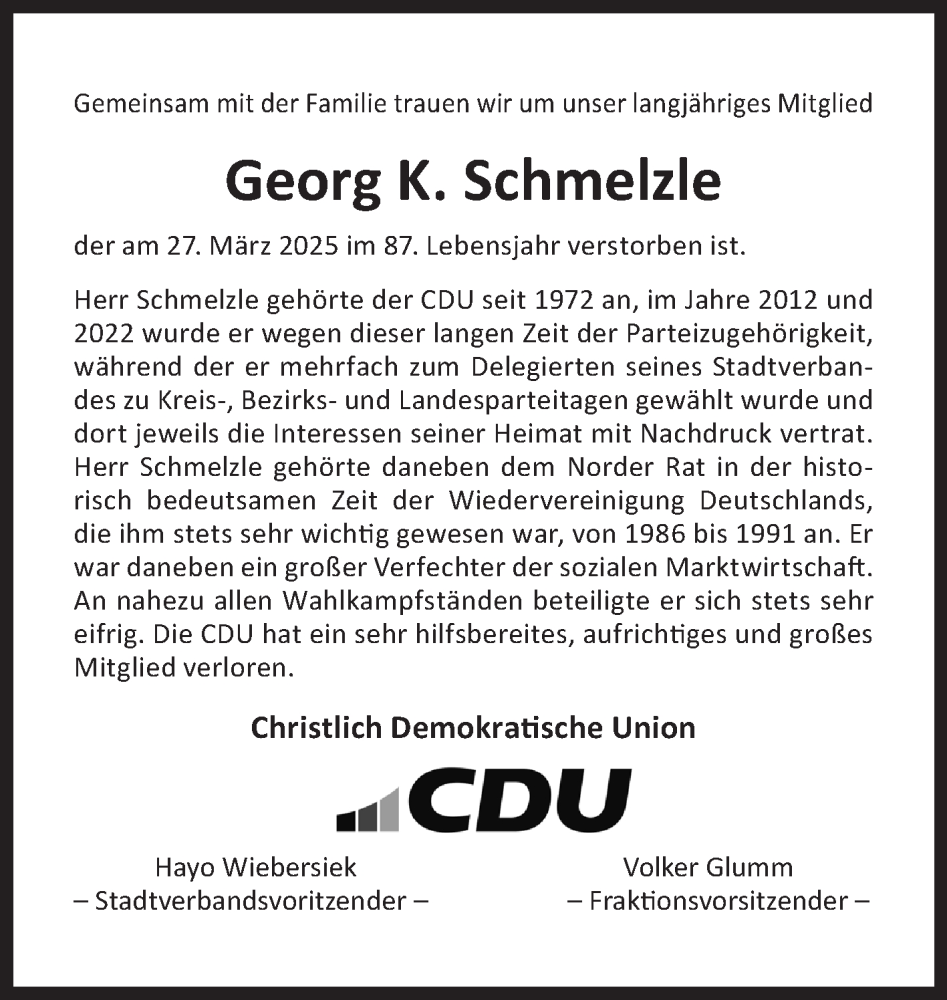 Traueranzeige für Georg K. Schmelzle vom 01.04.2025 aus Ostfriesischer Kurier GmbH