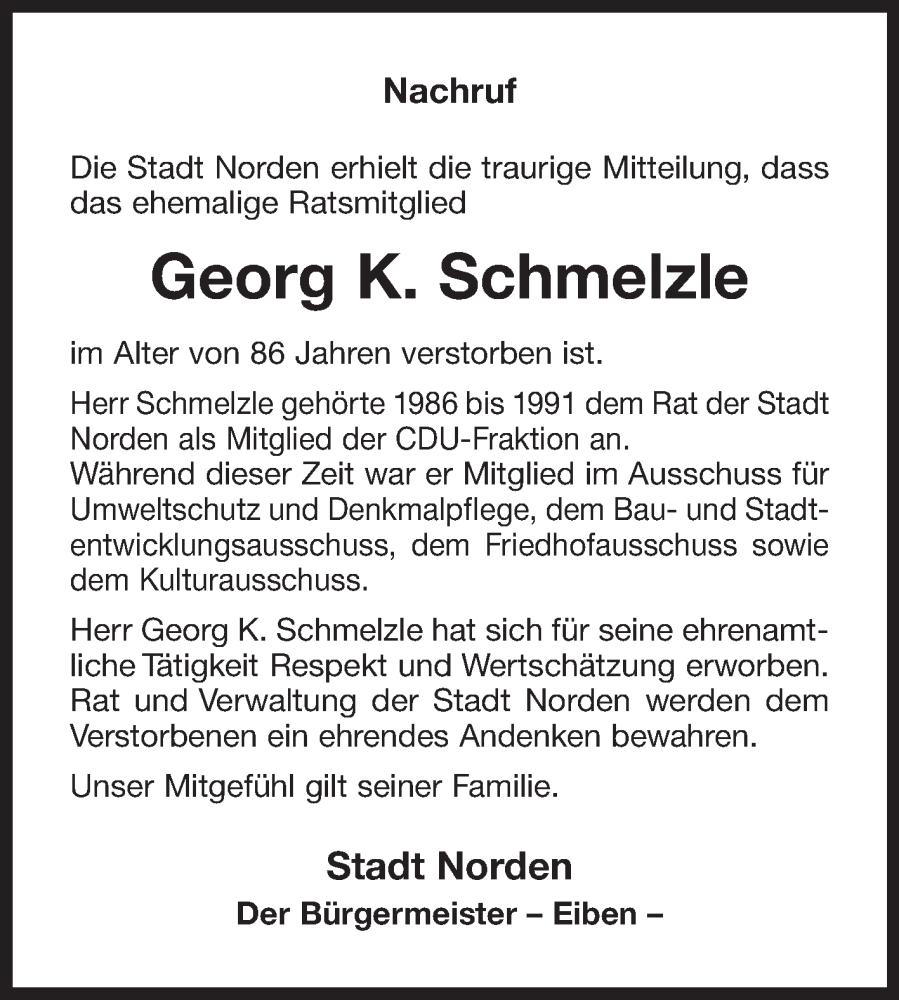  Traueranzeige für Georg K. Schmelzle vom 03.04.2025 aus Ostfriesischer Kurier GmbH