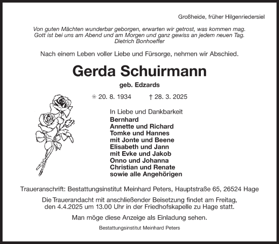Traueranzeige von Gerda Schuirmann von Ostfriesischer Kurier GmbH