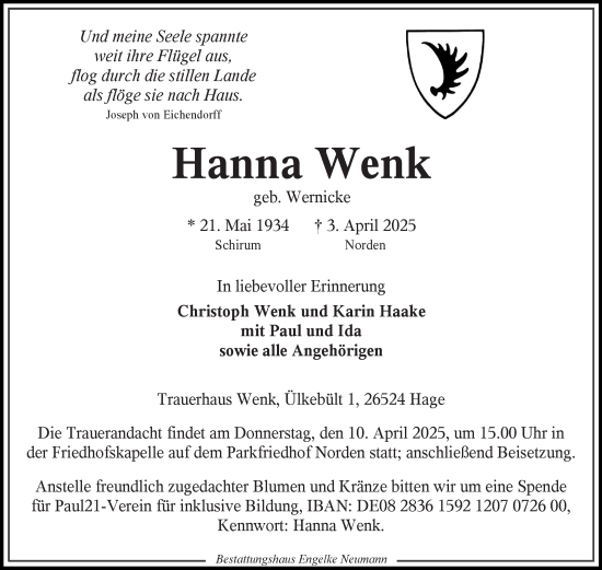 Traueranzeige von Hanna Wenk von Ostfriesischer Kurier GmbH