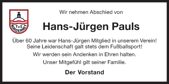 Traueranzeige von Hans-Jürgen Pauls von Ostfriesischer Kurier GmbH