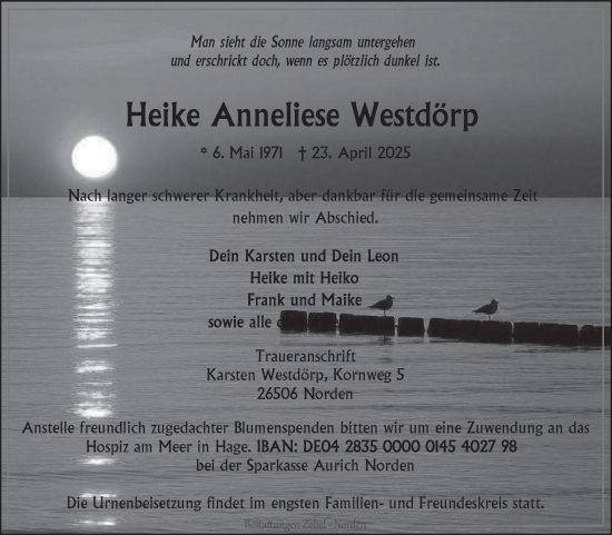 Traueranzeige von Heike Anneliese Westdörp von Ostfriesischer Kurier GmbH