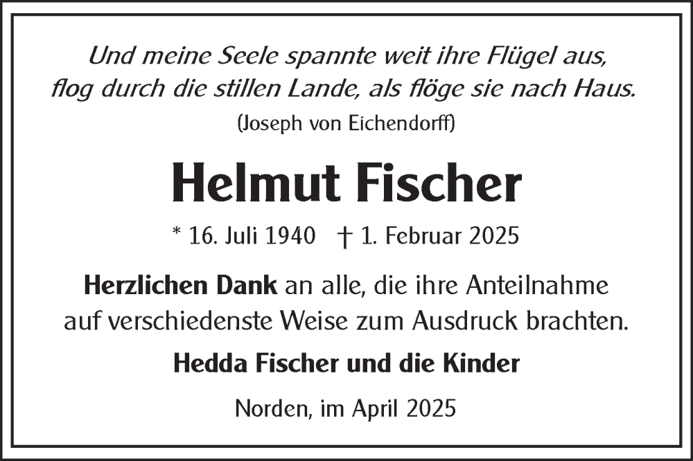  Traueranzeige für Helmut Fischer vom 12.04.2025 aus Ostfriesischer Kurier GmbH