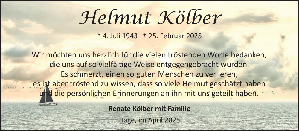  Traueranzeige für Helmut Kölber vom 05.04.2025 aus Ostfriesischer Kurier GmbH