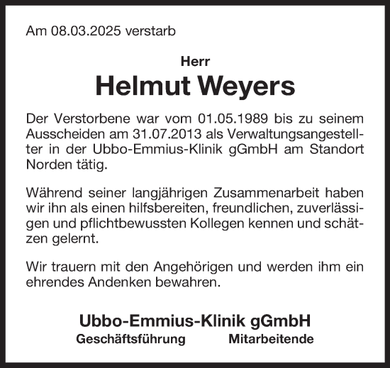 Traueranzeige von Helmut Weyers von Ostfriesischer Kurier GmbH