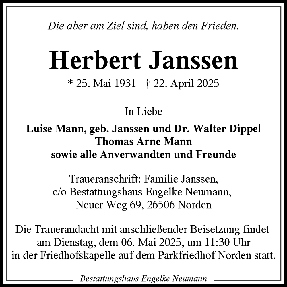  Traueranzeige für Herbert Janssen vom 26.04.2025 aus Ostfriesischer Kurier GmbH