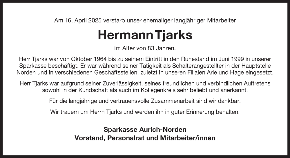  Traueranzeige für Hermann Tjarks vom 24.04.2025 aus Ostfriesischer Kurier GmbH