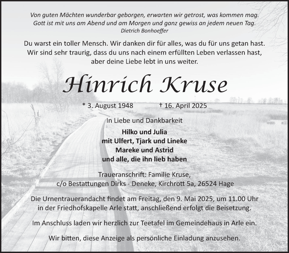  Traueranzeige für Hinrich Kruse vom 26.04.2025 aus Ostfriesischer Kurier GmbH