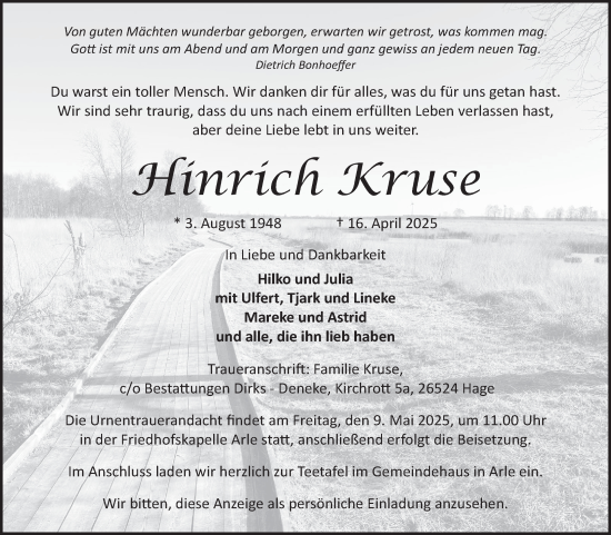 Traueranzeige von Hinrich Kruse von Ostfriesischer Kurier GmbH