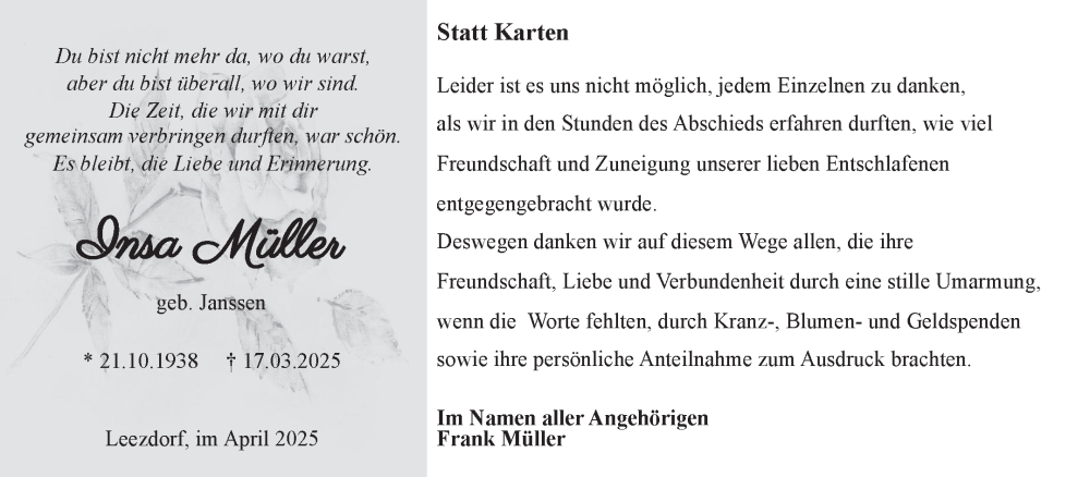  Traueranzeige für Insa Müller vom 26.04.2025 aus Ostfriesischer Kurier GmbH