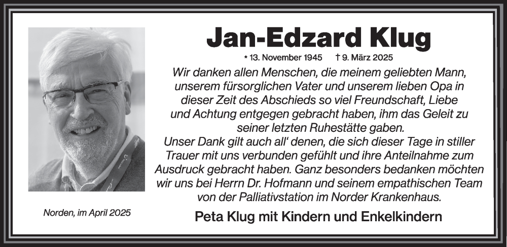  Traueranzeige für Jan-Edzard Klug vom 05.04.2025 aus Ostfriesischer Kurier GmbH