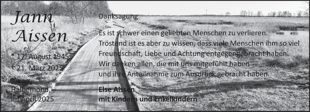  Traueranzeige für Jann Aissen vom 26.04.2025 aus Ostfriesischer Kurier GmbH