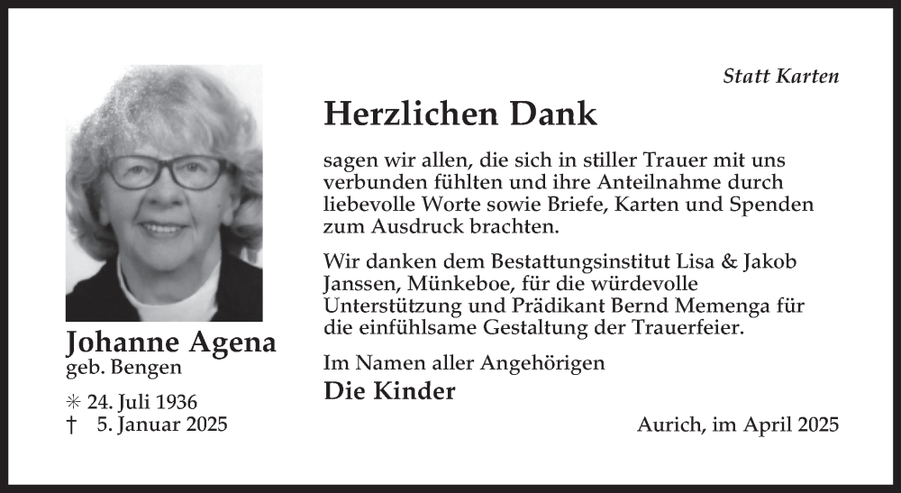  Traueranzeige für Johanne Agena vom 12.04.2025 aus Ostfriesischer Kurier GmbH