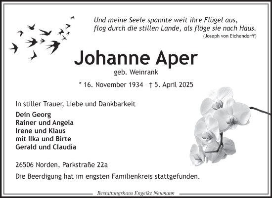 Traueranzeige von Johanne Aper von Ostfriesischer Kurier GmbH