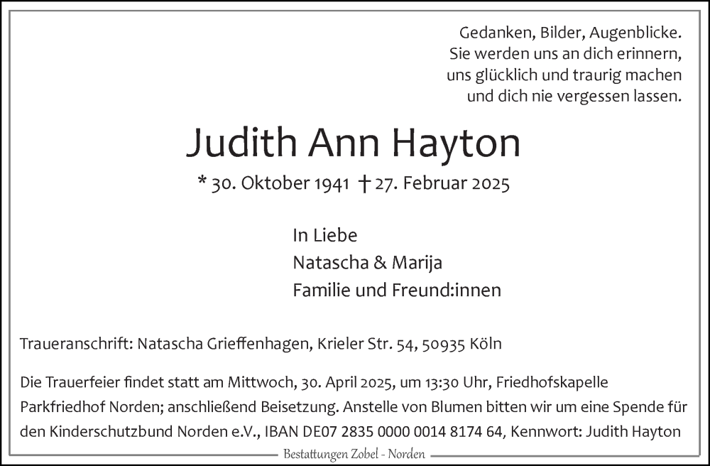  Traueranzeige für Judith Ann Hayton vom 12.04.2025 aus Ostfriesischer Kurier GmbH