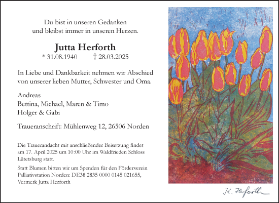 Traueranzeige von Jutta Herforth von Ostfriesischer Kurier GmbH