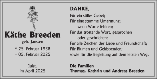 Traueranzeige von Käthe Breeden von Ostfriesischer Kurier GmbH