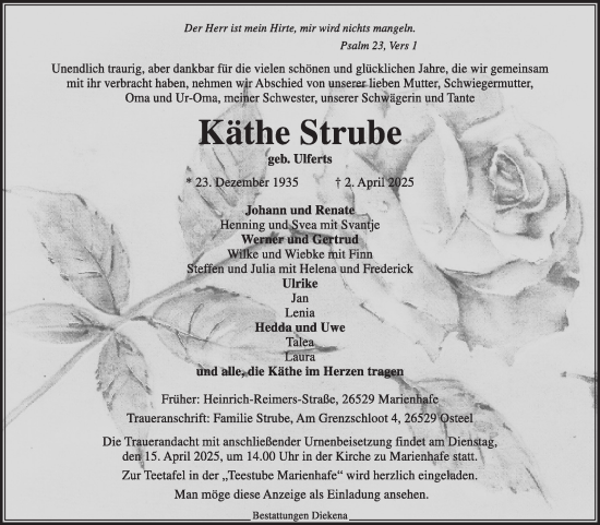 Traueranzeige von Käthe Strube von Ostfriesischer Kurier GmbH