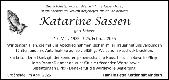 Traueranzeige von Katarine Sassen von Ostfriesischer Kurier GmbH