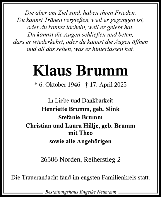 Traueranzeige von Klaus Brumm von Ostfriesischer Kurier GmbH