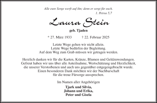 Traueranzeige von Laura Stein von Ostfriesischer Kurier GmbH