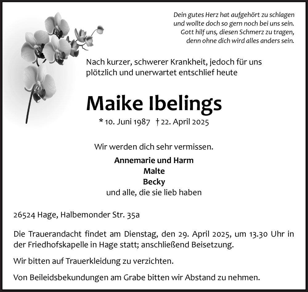  Traueranzeige für Maike Ibelings vom 24.04.2025 aus Ostfriesischer Kurier GmbH